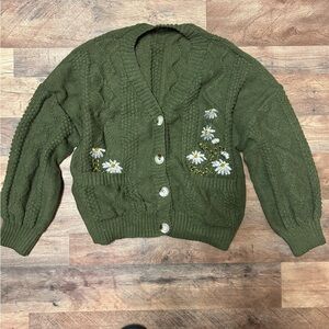 chunky green flower embroidered button up knit cardigan sweater